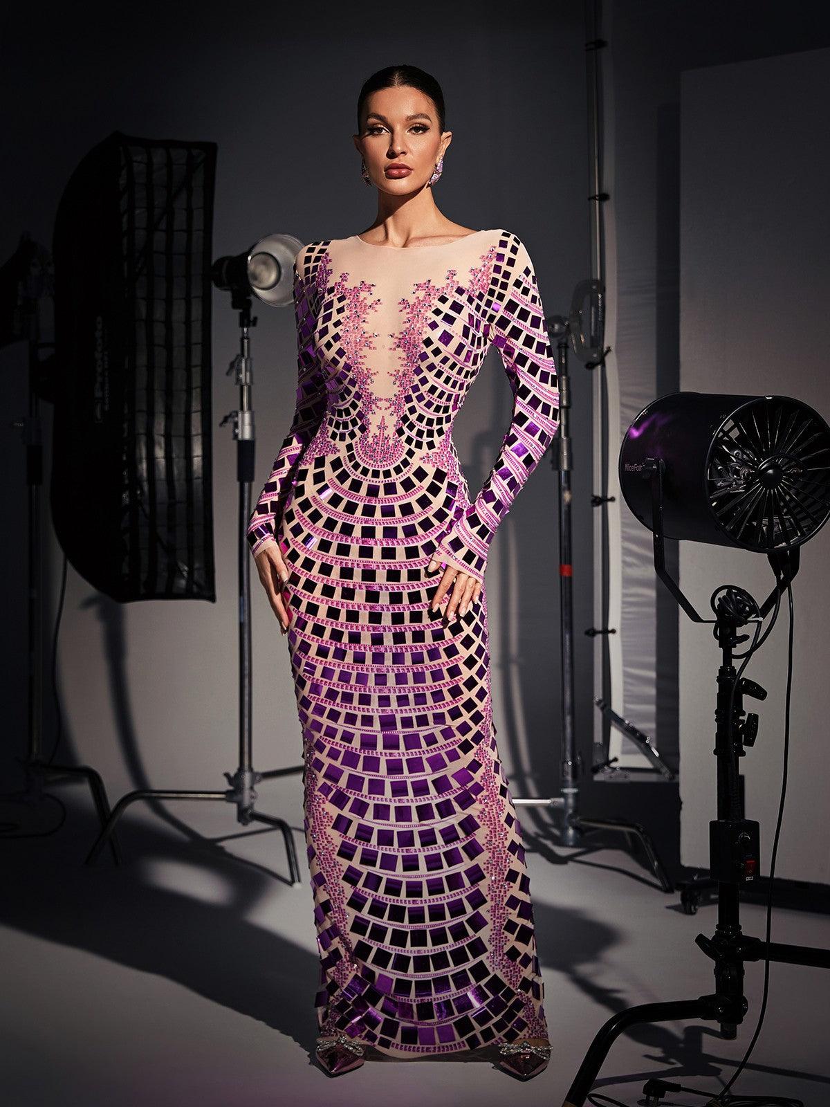Angie Long Sleeve Curve Embellished Maxi Dress in elegant purple, featuring a sophisticated design and embellishments.