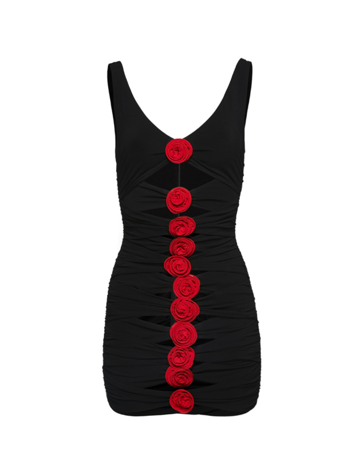 Anka Flower Cutout Mini Dress in black featuring a playful floral print and stylish cutout design, perfect for summer outings.