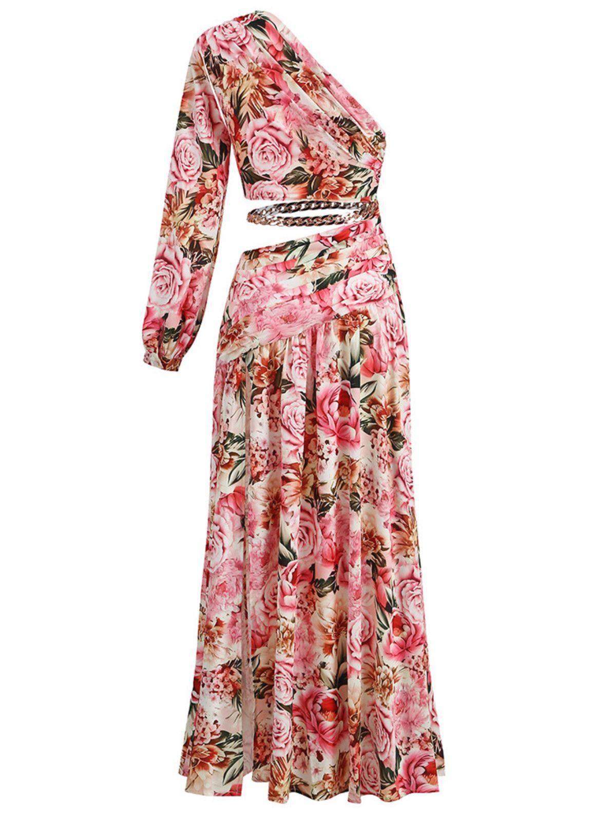 Annabella One Shoulder Floral Cutout Maxi Dress in Pink, featuring a beautiful floral print and elegant design.