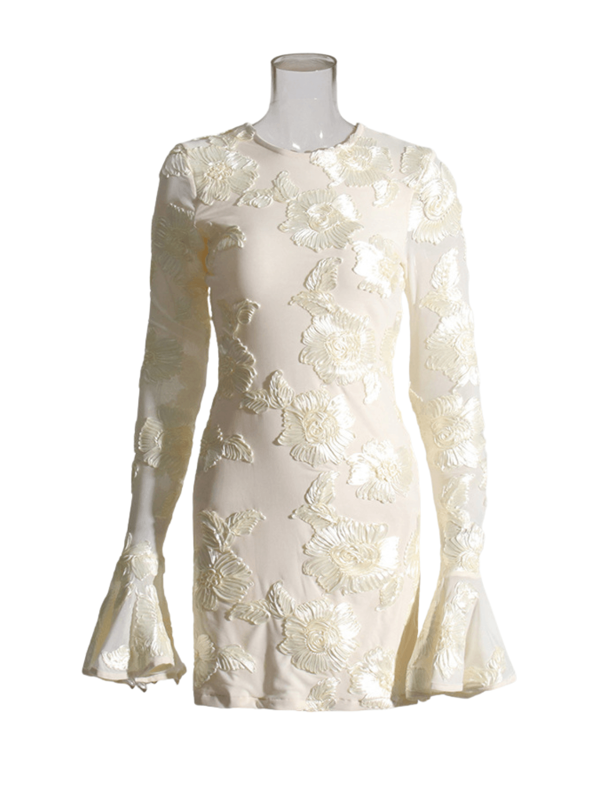 Annabeth Long Sleeve Flower Mini Dress in beige featuring floral embroidery and cutout design, perfect for parties and vacations.