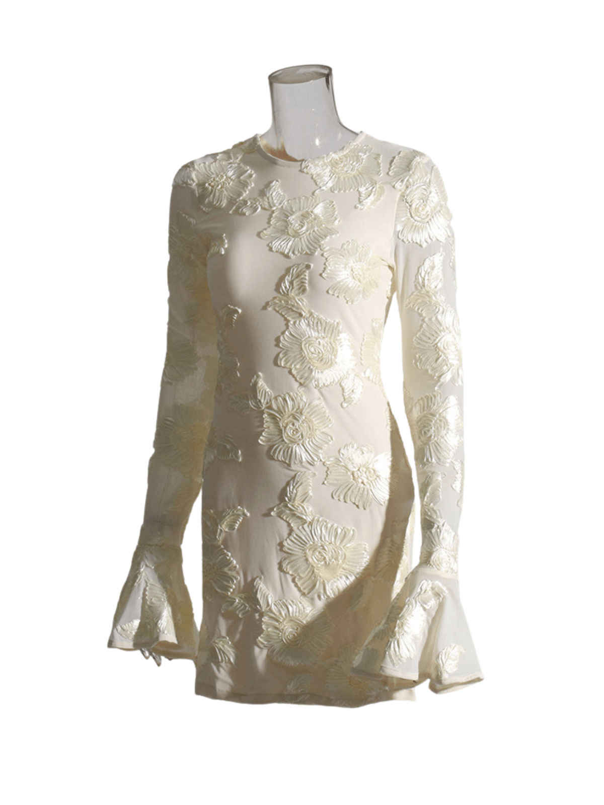 Annabeth Long Sleeve Flower Mini Dress in beige featuring floral embroidery and cutout design, perfect for parties and vacations.