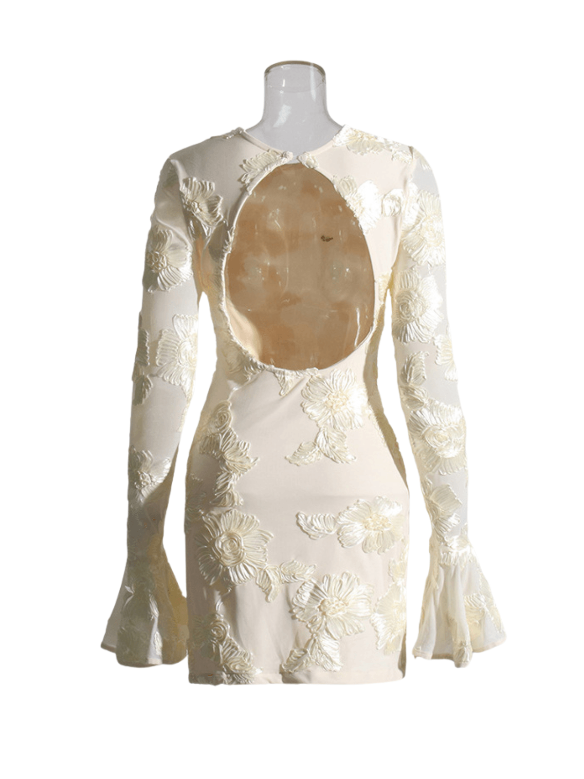 Annabeth Long Sleeve Flower Mini Dress in beige featuring floral embroidery and cutout design, perfect for parties and vacations.