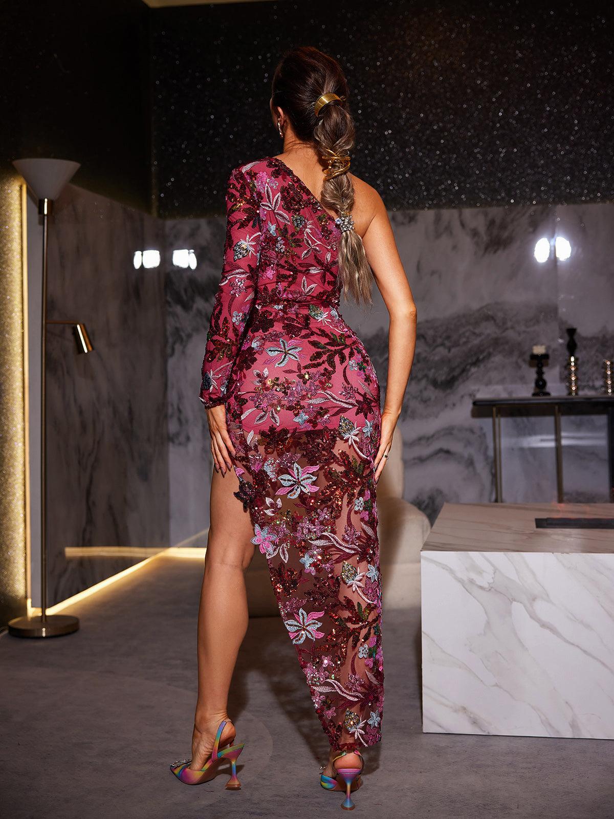 Annalee One Shoulder Flower Sequin Dress in pink featuring sequin embellishments and floral design, perfect for cocktail events.