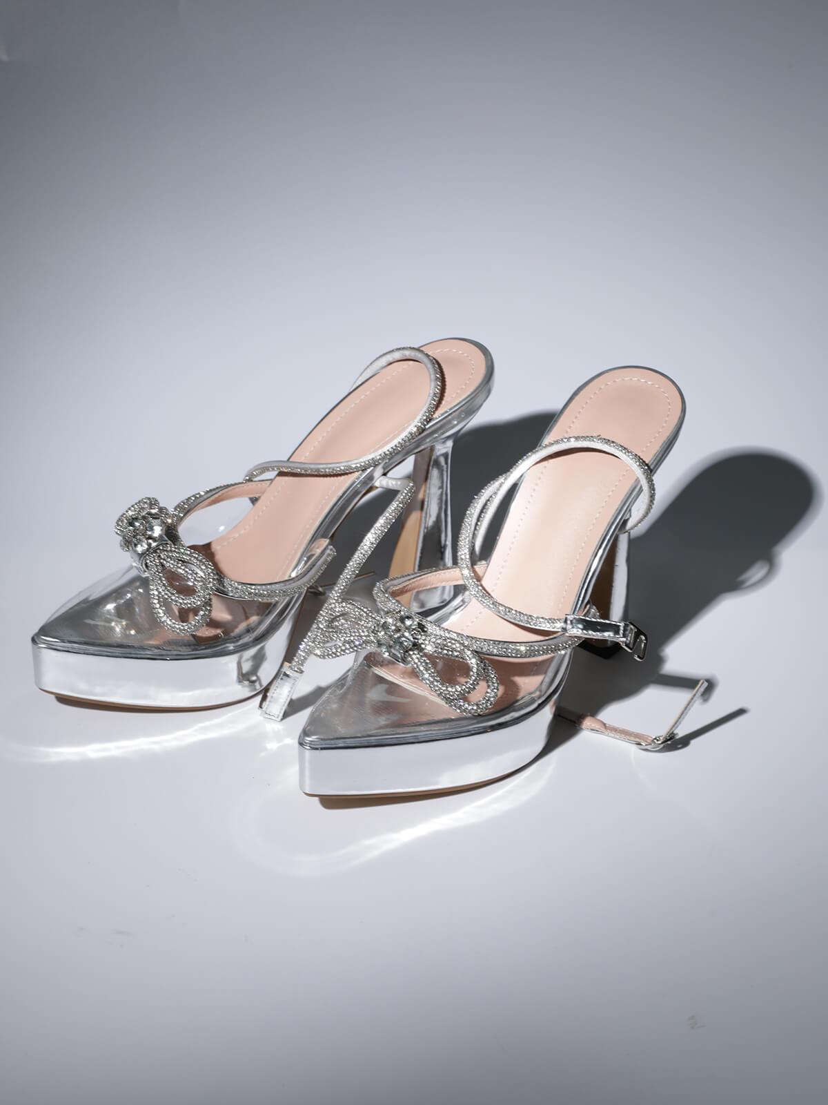 Anouk Bow Crystal Heels in Silver featuring a unique design with elegant bow and sparkling crystals for a chic look.