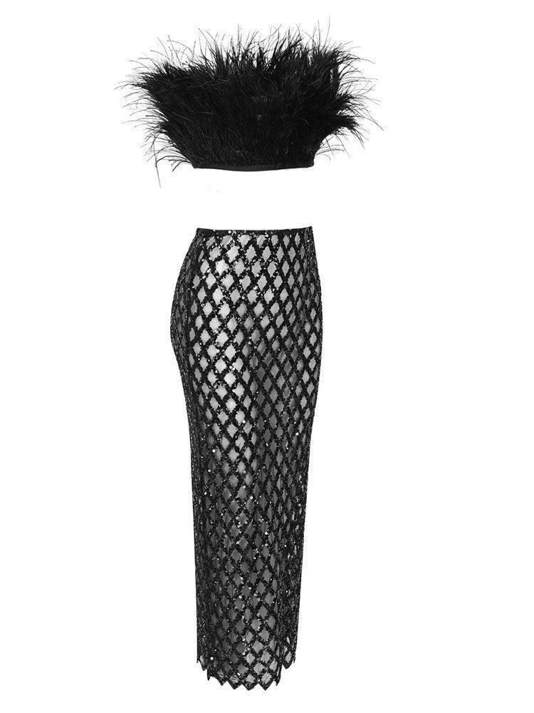 Stylish Ansley Strapless Feather Mesh Skirt Set in black, featuring a chic crop top and elegant skirt.