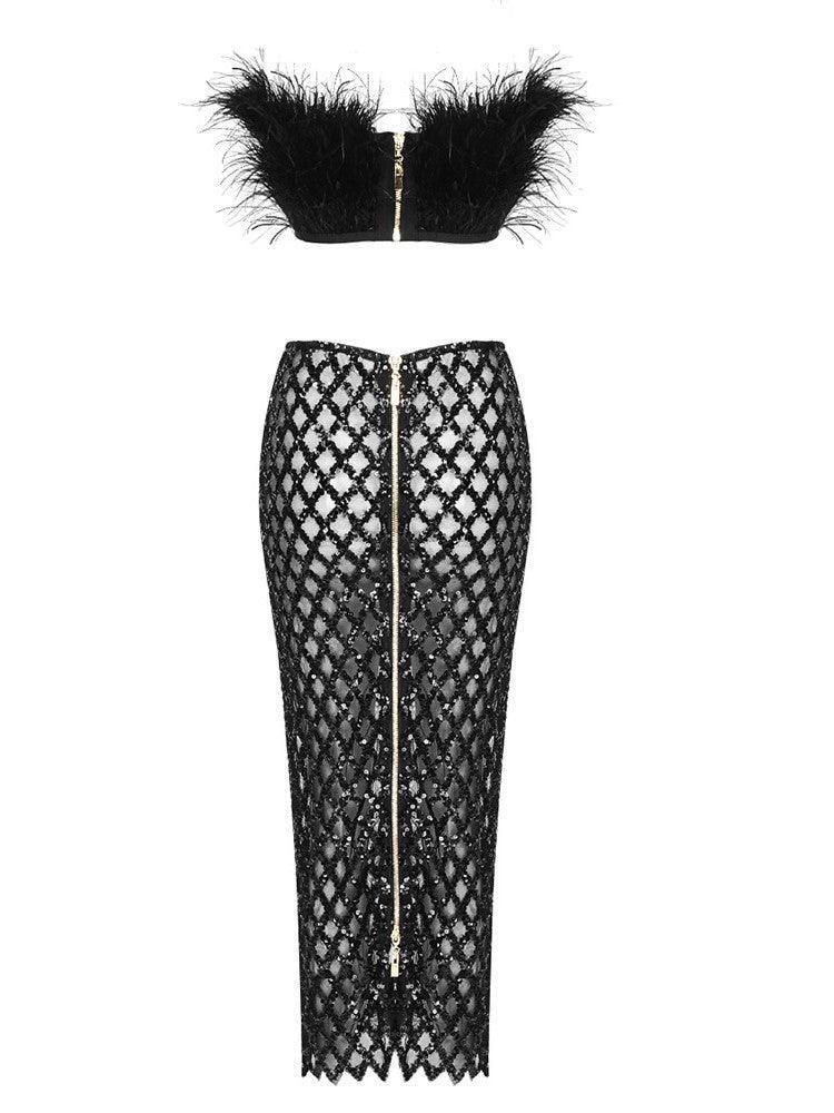 Stylish Ansley Strapless Feather Mesh Skirt Set in black, featuring a chic crop top and elegant skirt.