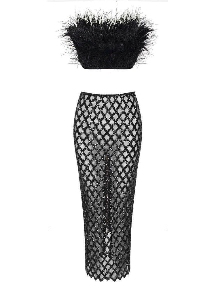 Stylish Ansley Strapless Feather Mesh Skirt Set in black, featuring a chic crop top and elegant skirt.