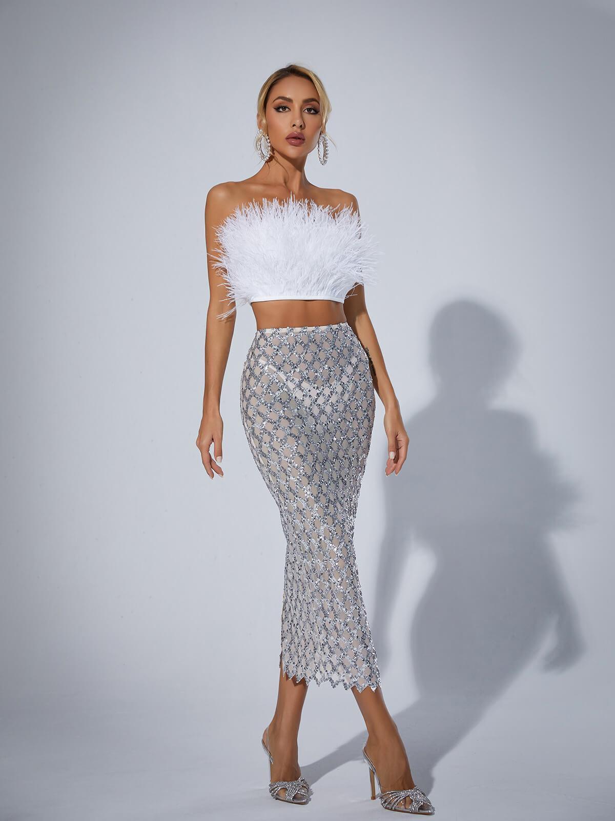 Stylish Ansley Strapless Feather Mesh Skirt Set in White, ideal for evening wear and parties.