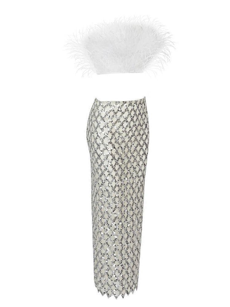 Stylish Ansley Strapless Feather Mesh Skirt Set in White, ideal for evening wear and parties.