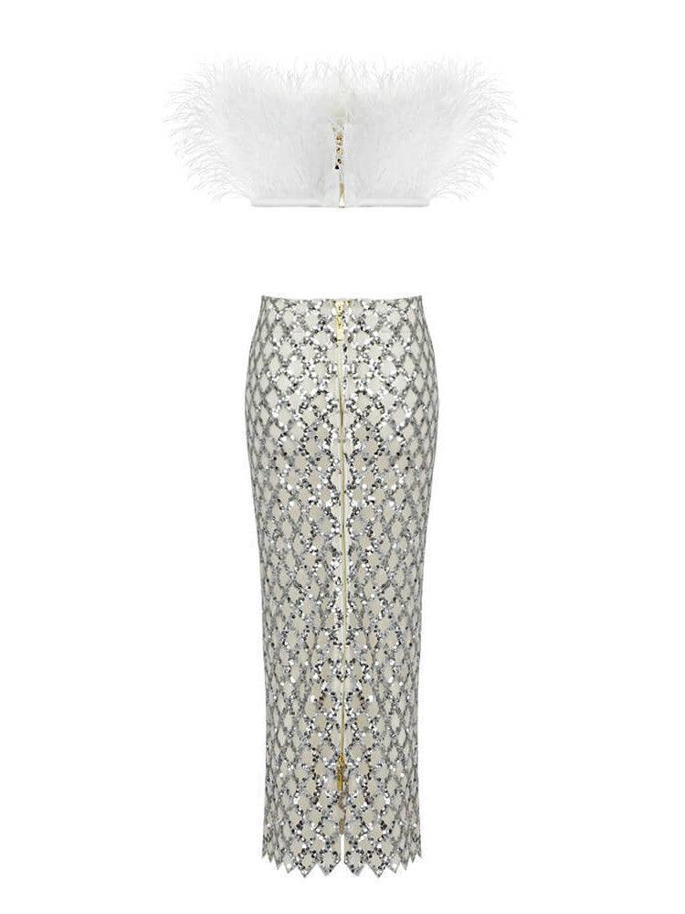 Stylish Ansley Strapless Feather Mesh Skirt Set in White, ideal for evening wear and parties.