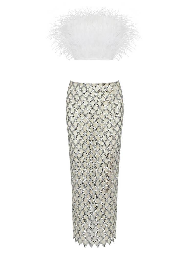 Stylish Ansley Strapless Feather Mesh Skirt Set in White, ideal for evening wear and parties.