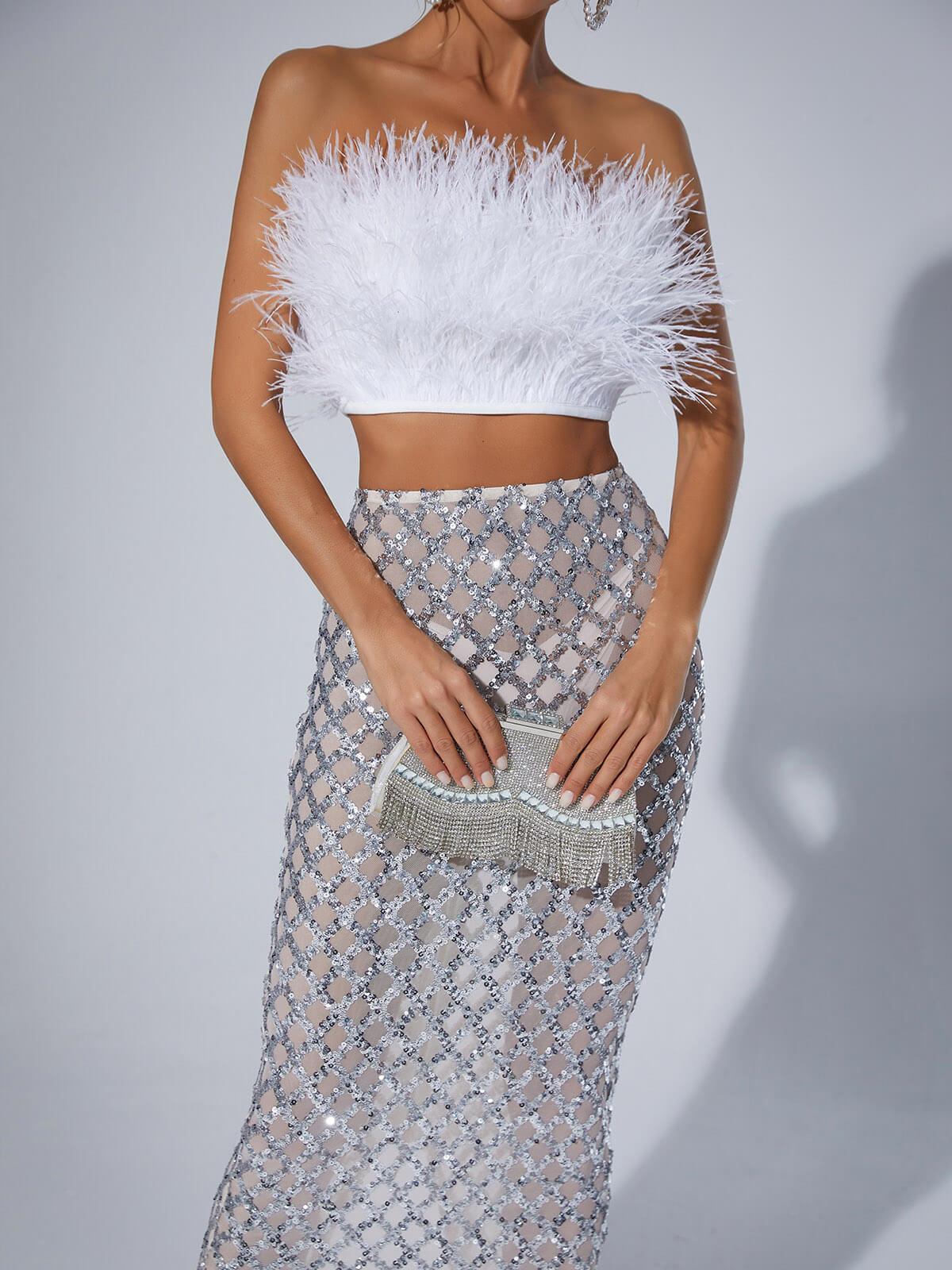 Stylish Ansley Strapless Feather Mesh Skirt Set in White, ideal for evening wear and parties.