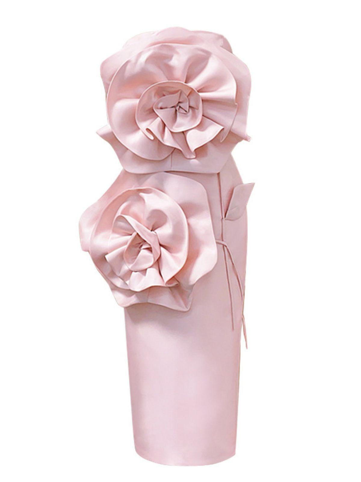 Elegant blush strapless flower midi dress featuring floral appliques and a chic design, perfect for parties and weddings.