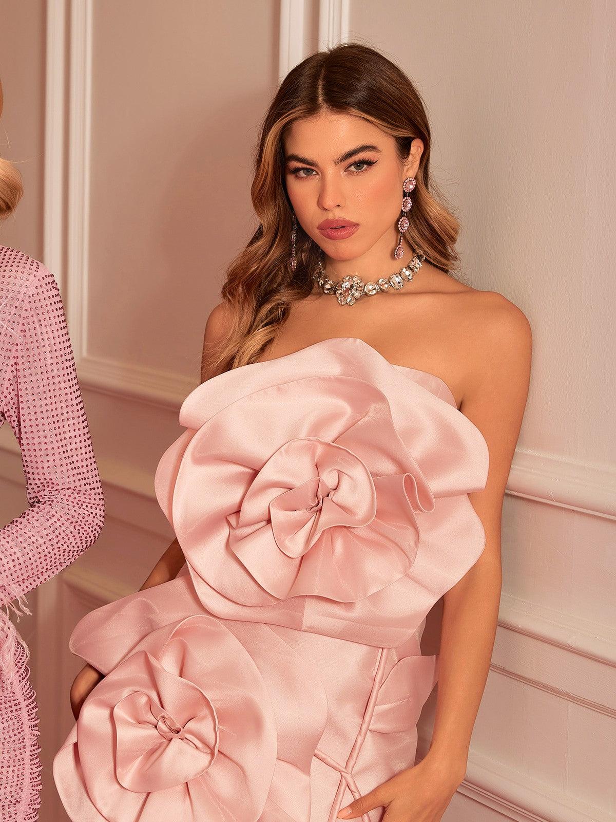 Anwen Strapless Flower Mini Dress in Blush, featuring a floral design ideal for elegant occasions and special events.