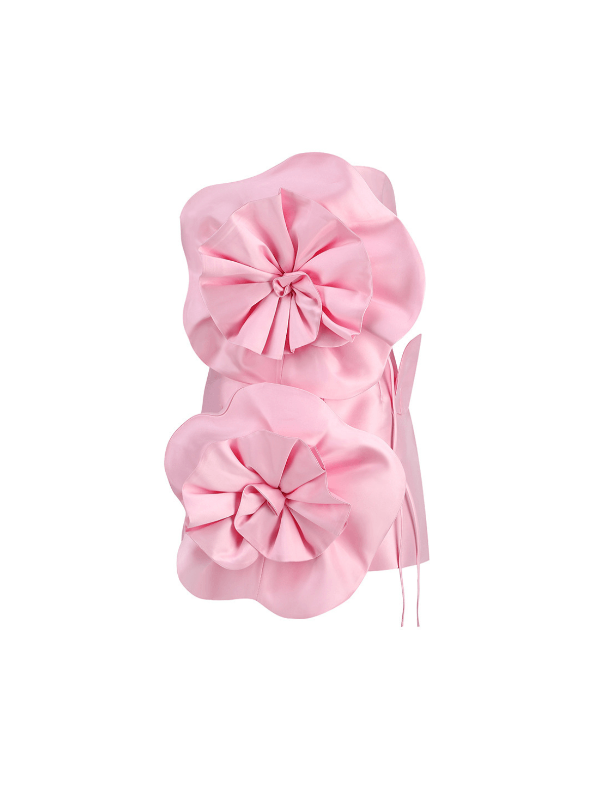 Side view of the pink strapless flower mini dress emphasizing its flattering fit.