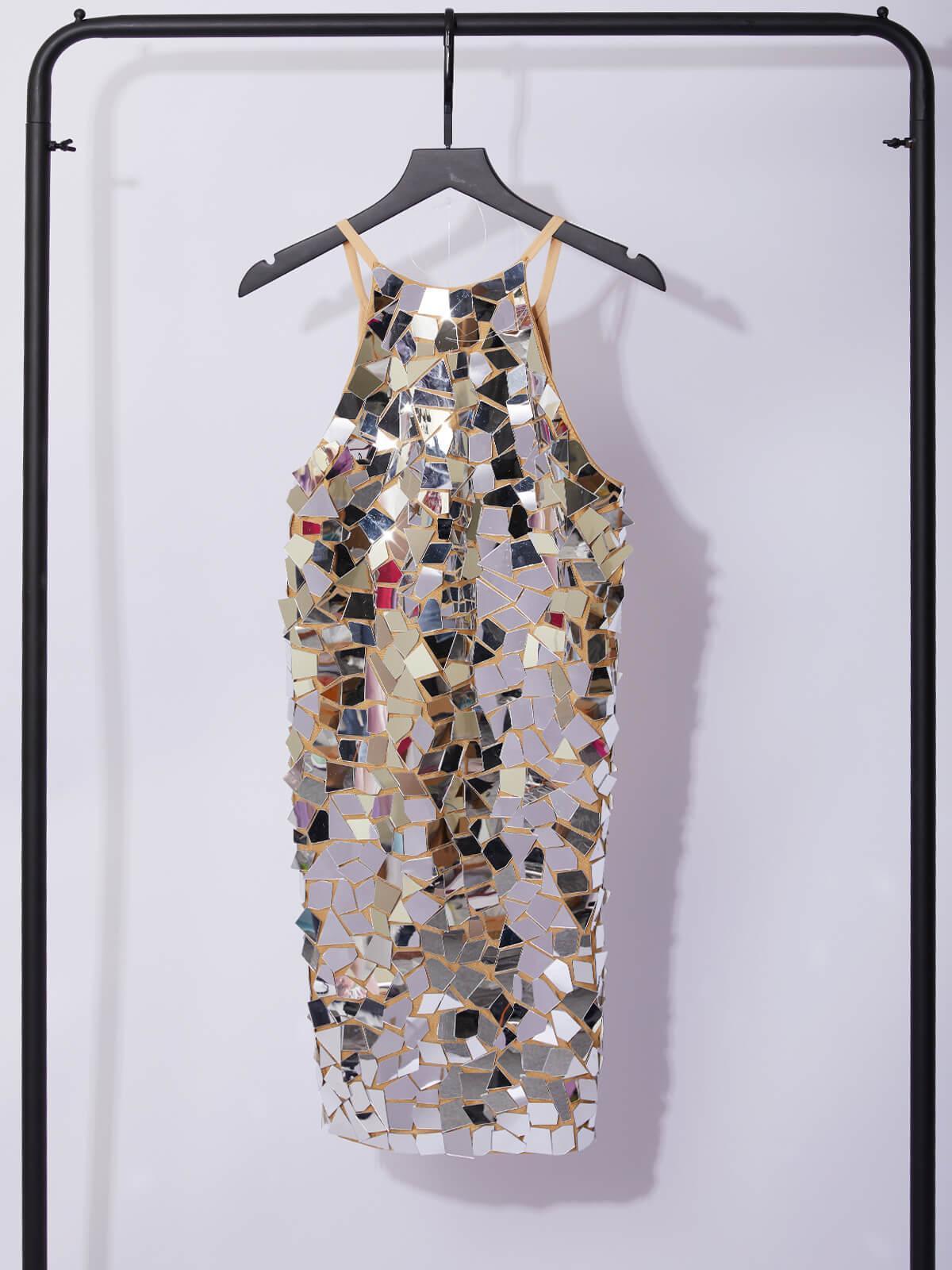April Embellished Mini Dress in vibrant silver with halter neck design, perfect for evening events and parties.