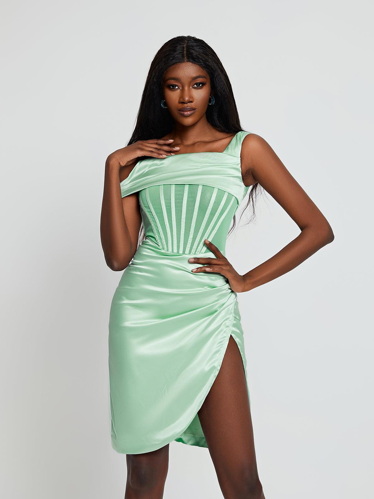 Ariella Satin Corset Dress in Mint featuring an off-shoulder design and elegant split detail.