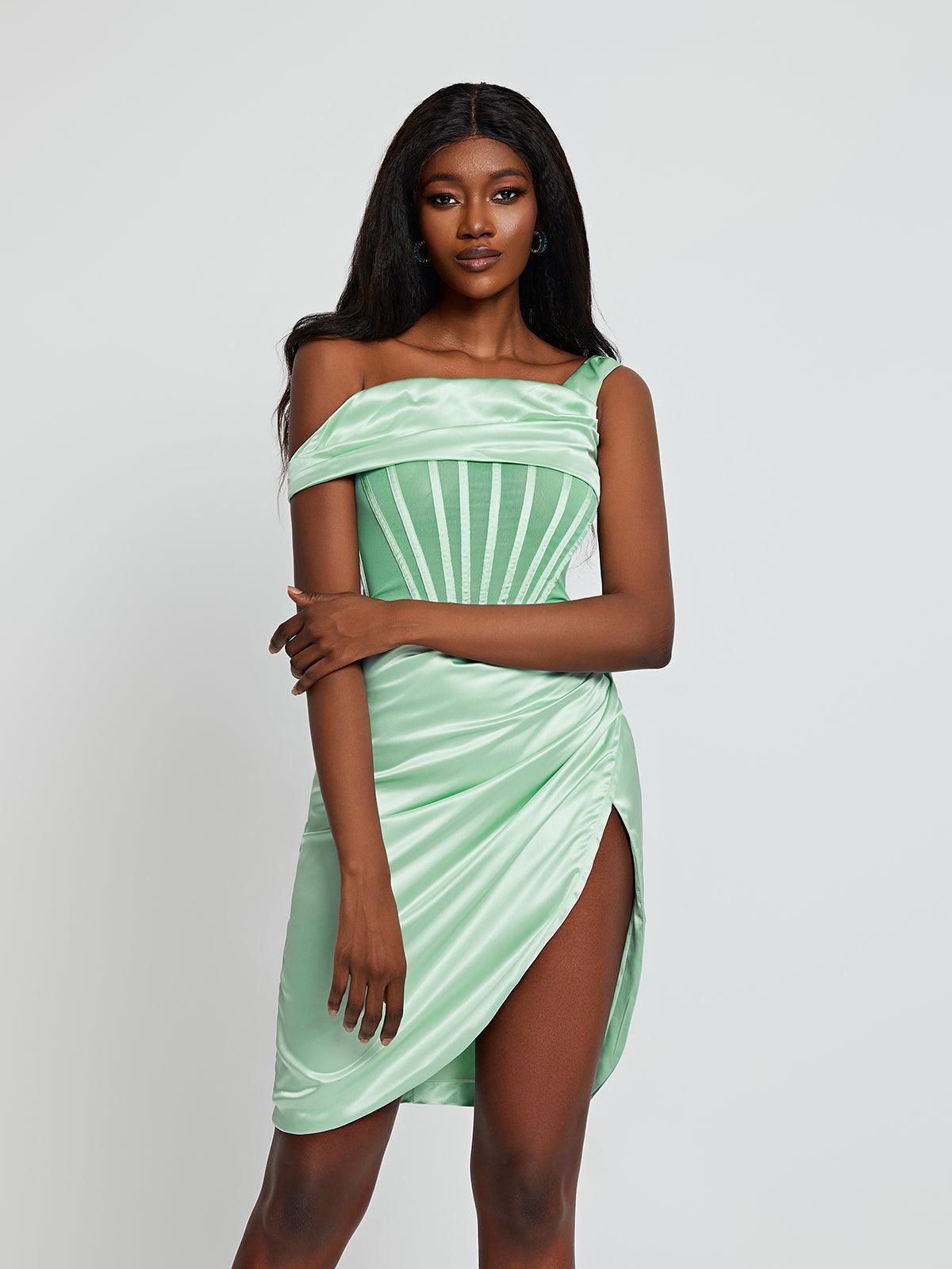Close-up view of the satin fabric and corset detailing of the Ariella Mint Dress.