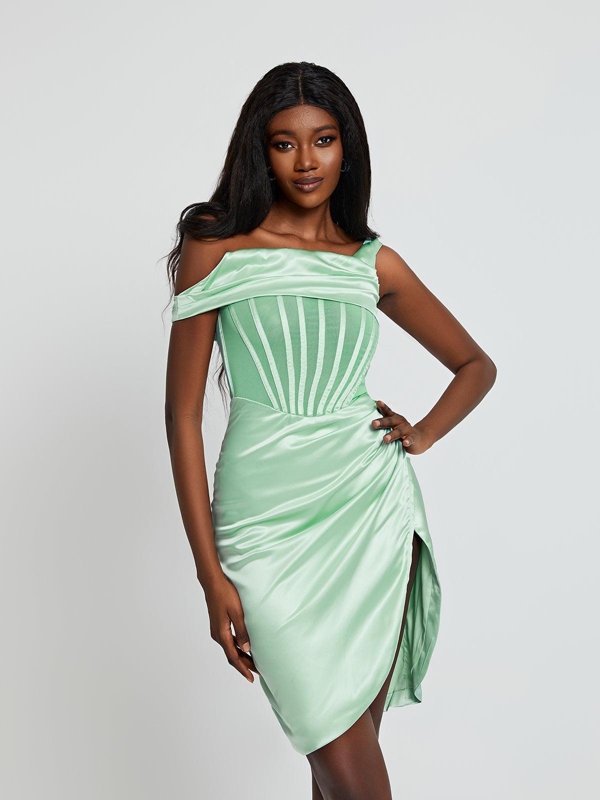 Ariella Satin Corset Dress in Mint featuring an off-shoulder design and elegant split detail.