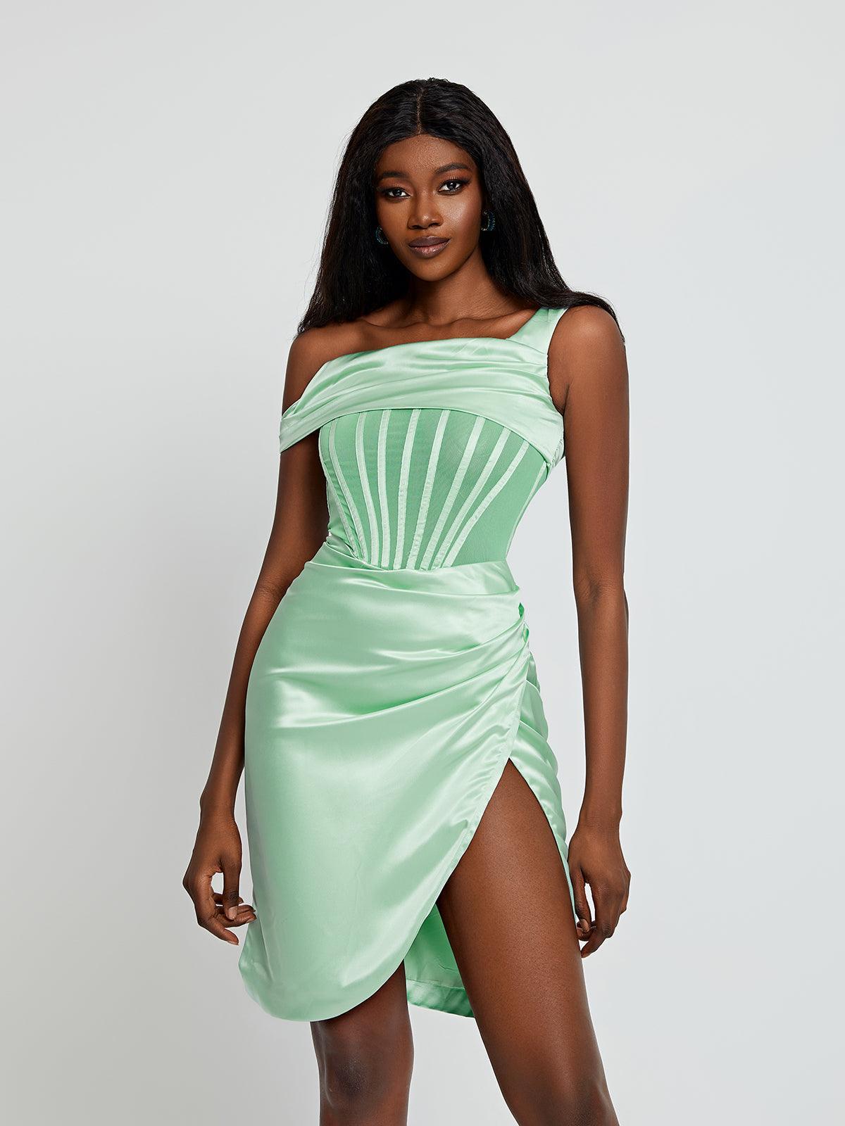Ariella Satin Corset Dress in Mint featuring an off-shoulder design and elegant split detail.