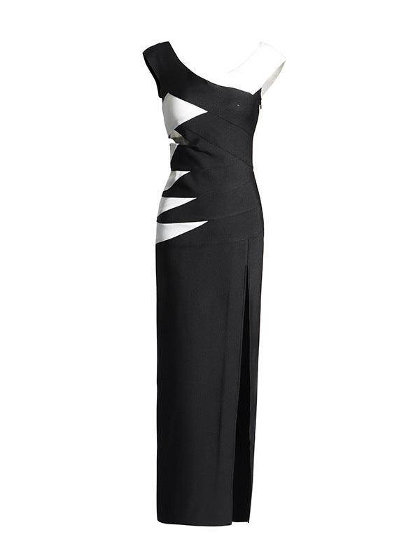 Aries Off Shoulder Cutout Bandage Dress in black, featuring a curve-hugging design and elegant cutouts.