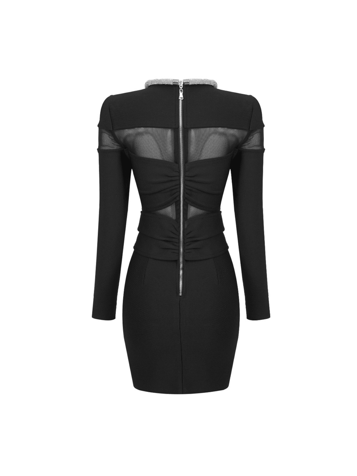 Arley Long Sleeve Crystal Mini Dress in Black with elegant crystal embellishments and back zipper closure.
