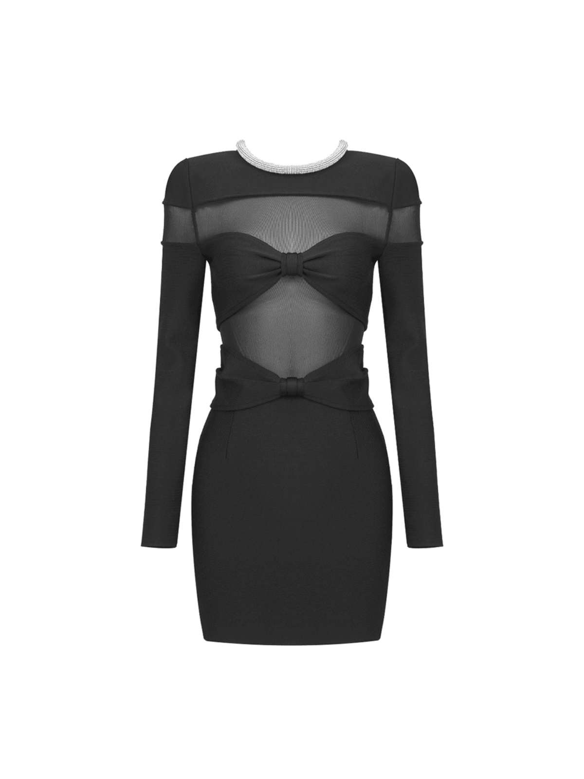Arley Long Sleeve Crystal Mini Dress in Black with elegant crystal embellishments and back zipper closure.