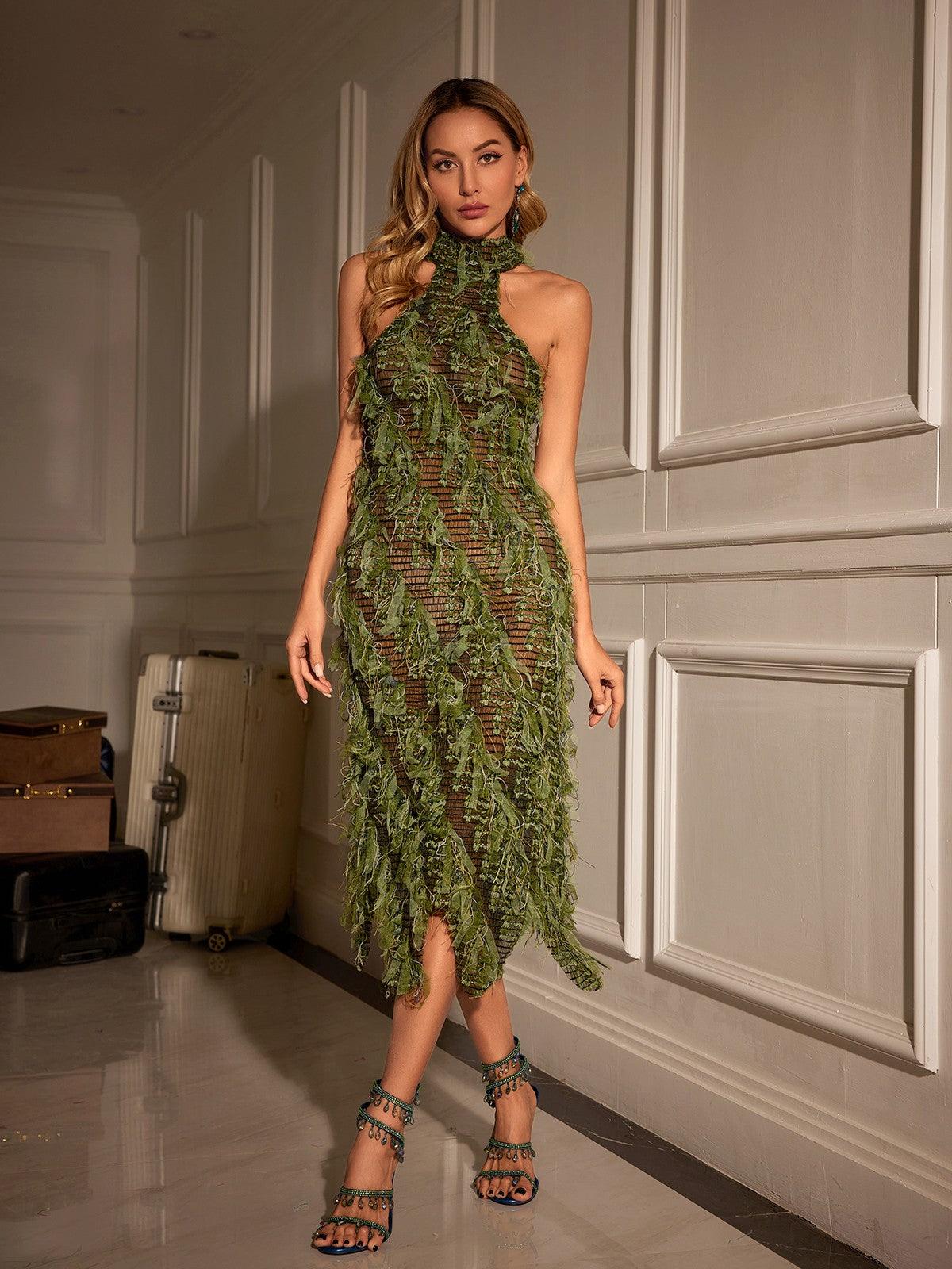 Close-up of the hollow detailing on the Arlo Halterneck Backless Midi Dress in Green.