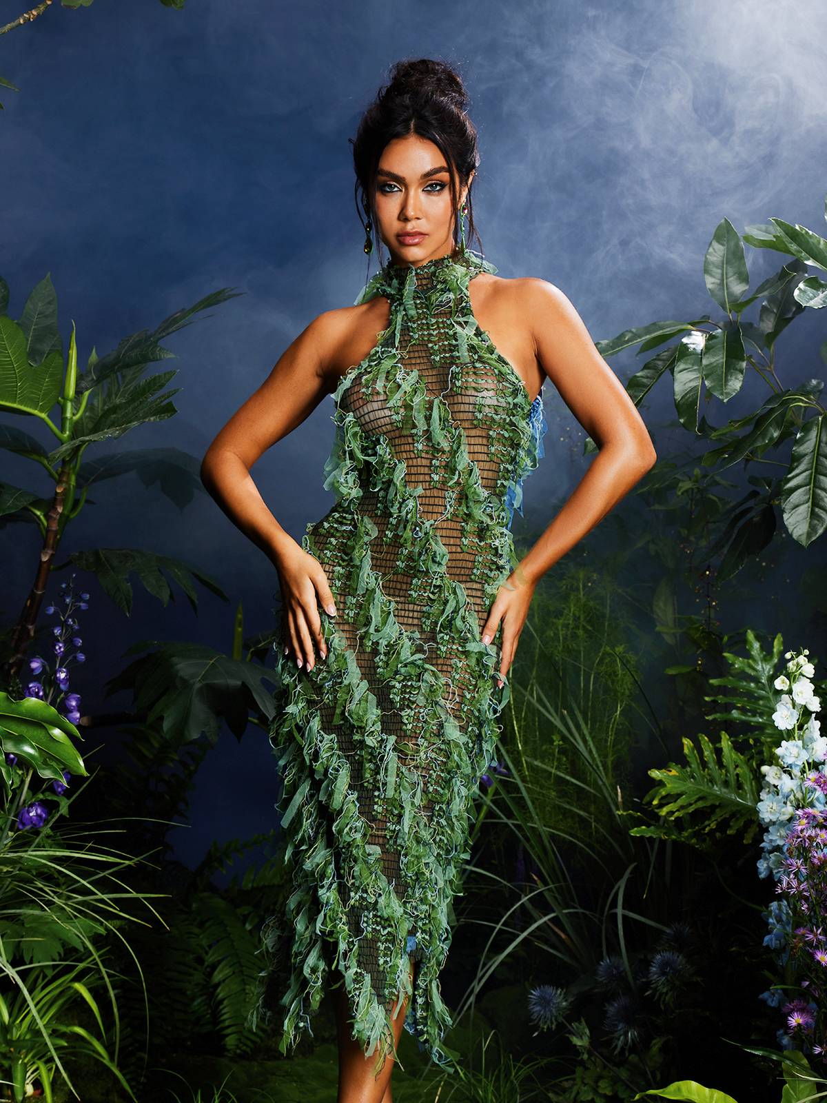 Arlo Halterneck Backless Midi Dress in Green featuring hollow detailing and a sophisticated style.