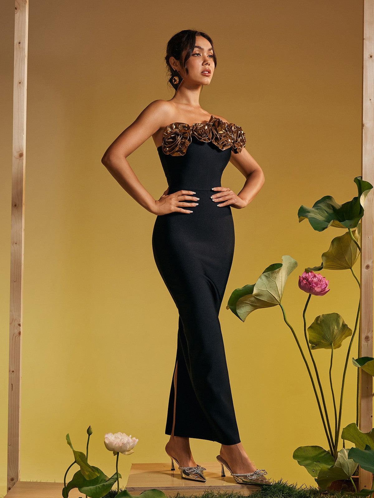 Arnau One Shoulder Flower Bandage Maxi Dress in Gold, showcasing elegant design and flattering fit for any occasion.