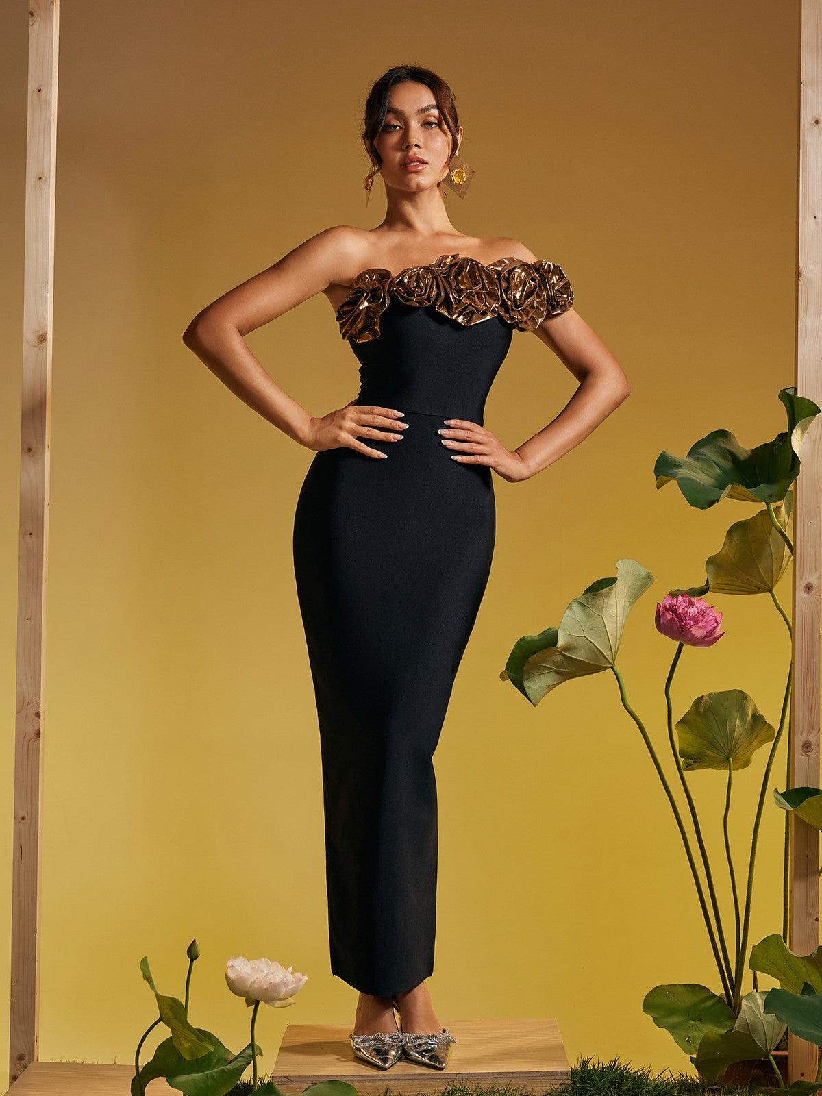 Arnau One Shoulder Flower Bandage Maxi Dress in Gold, showcasing elegant design and flattering fit for any occasion.