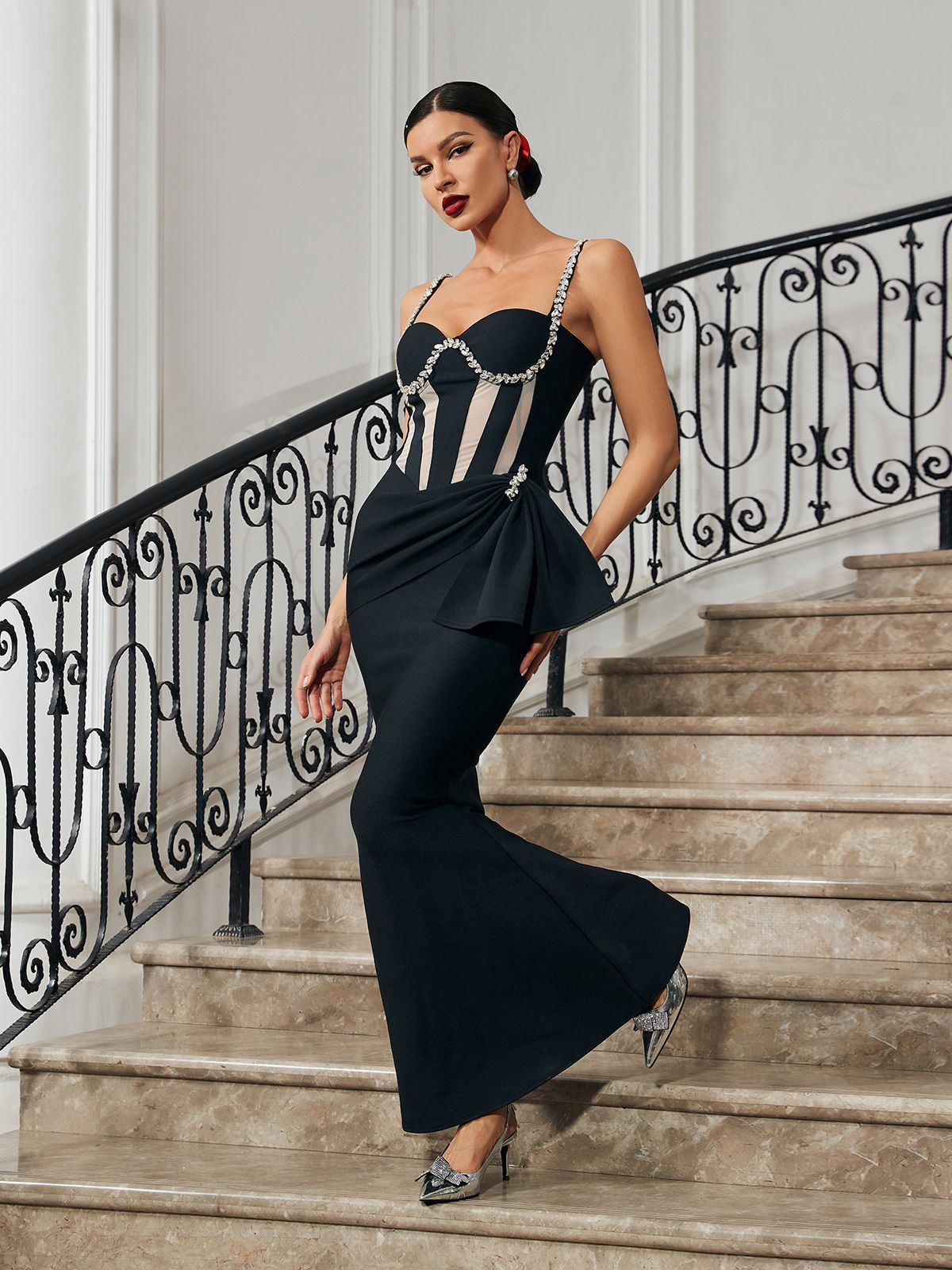 Aroa Crystal Mermaid Bandage Dress in black featuring sparkling crystals and a flattering mermaid silhouette.