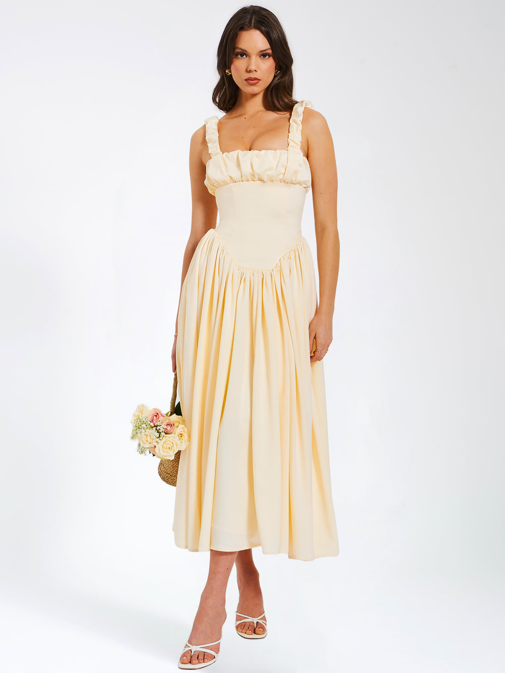Riola Egg White Satin Drop Waist Maxi Sundress