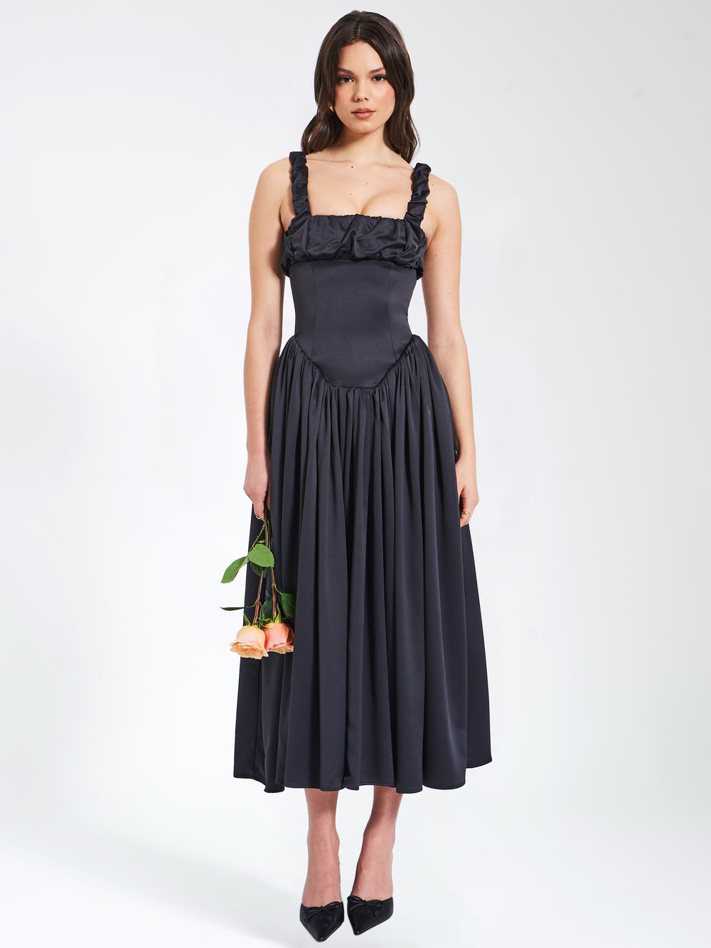 Riola Egg White Satin Drop Waist Maxi Sundress