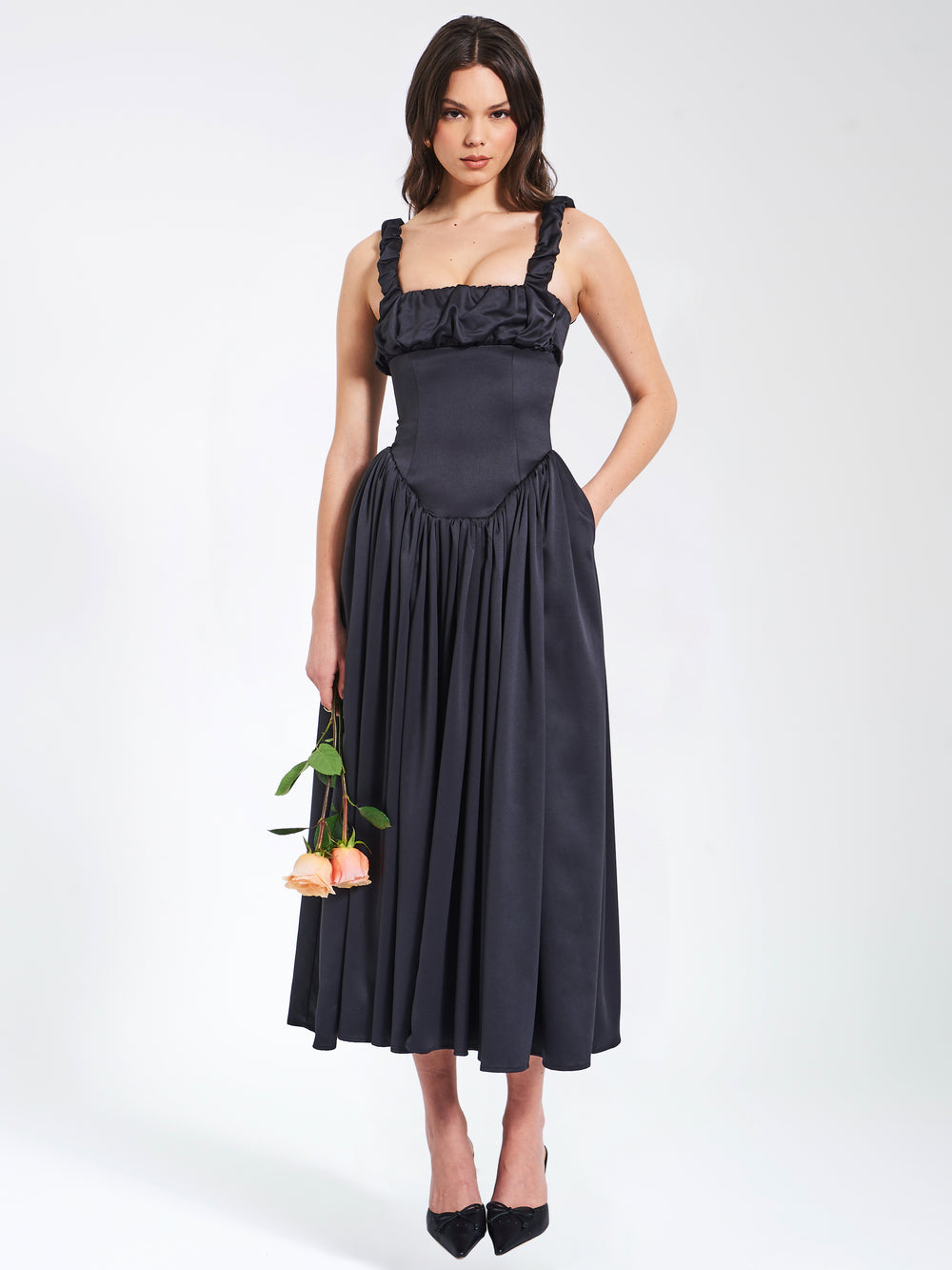 Riola Egg White Satin Drop Waist Maxi Sundress