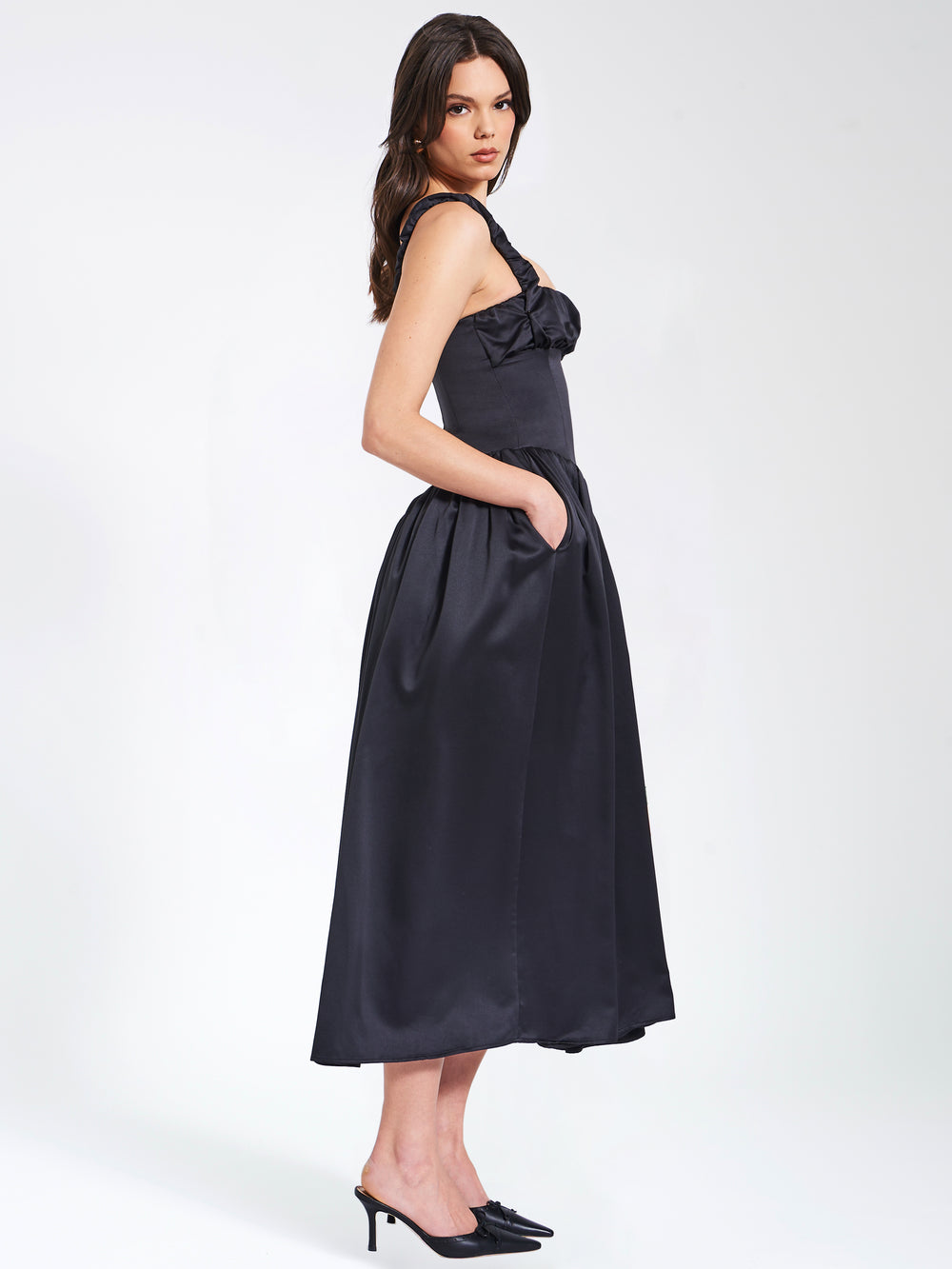 Riola Egg White Satin Drop Waist Maxi Sundress