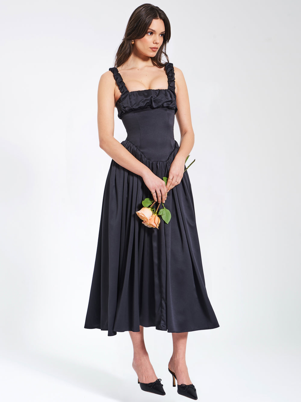 Riola Egg White Satin Drop Waist Maxi Sundress
