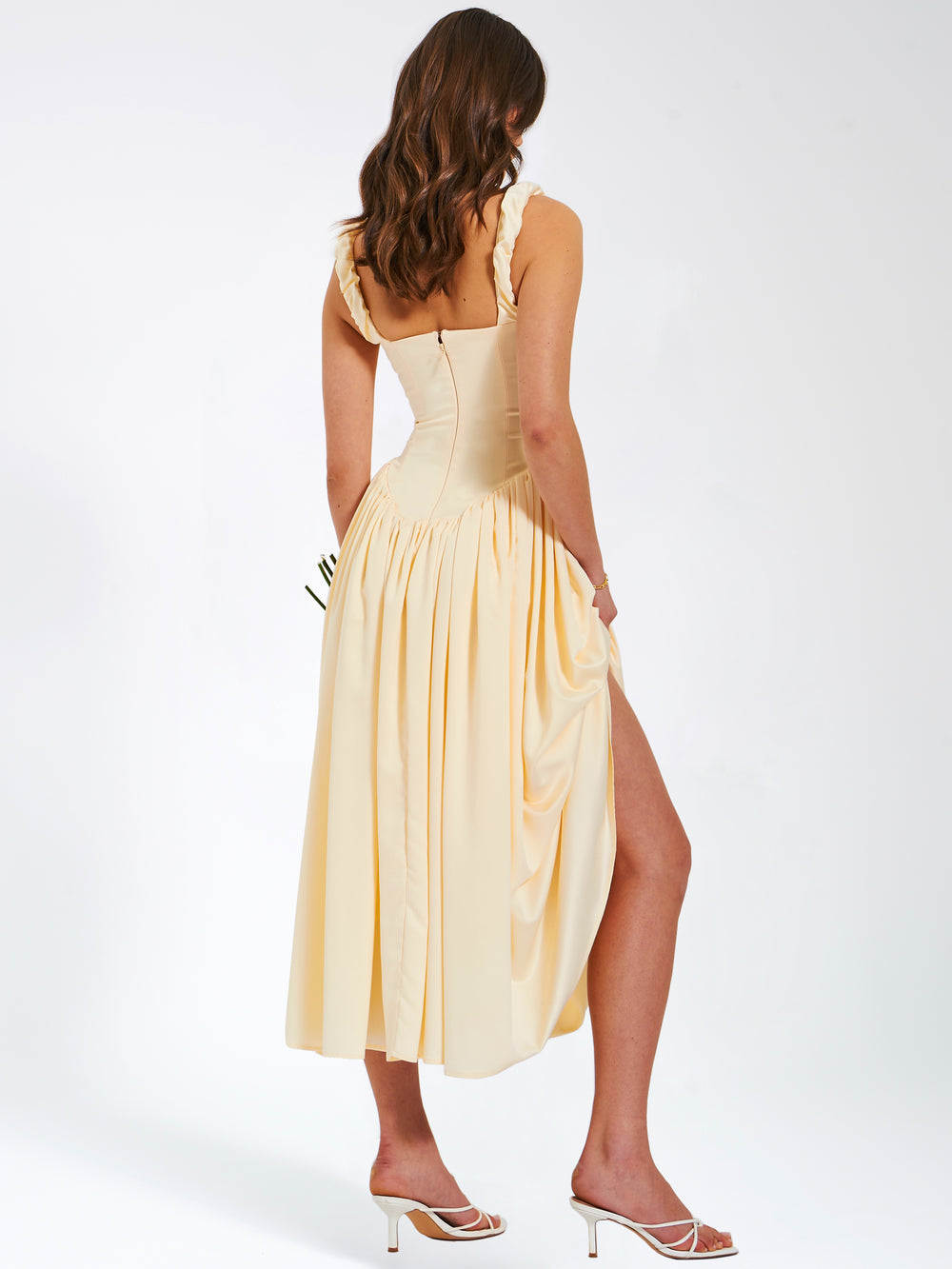 Riola Egg White Satin Drop Waist Maxi Sundress
