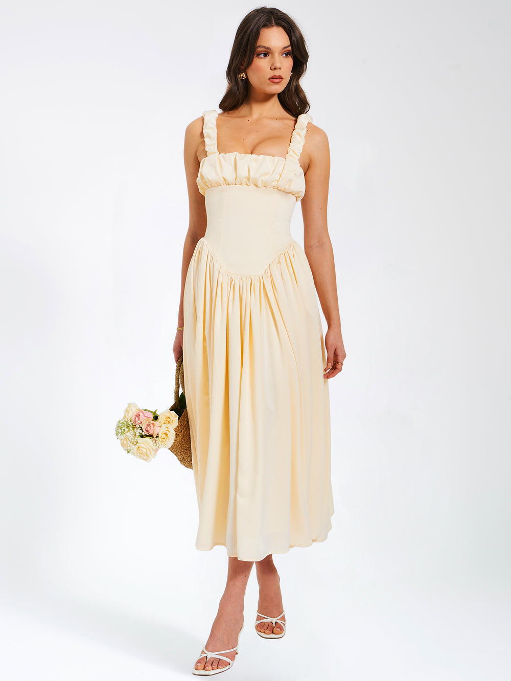 Riola Egg White Satin Drop Waist Maxi Sundress