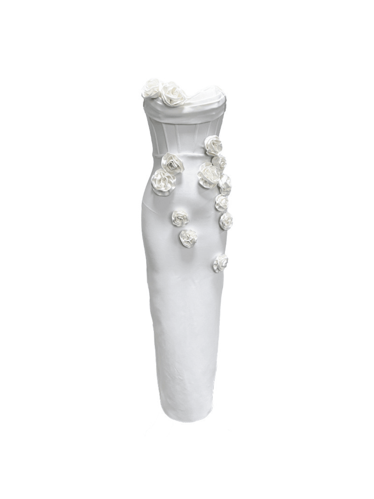 Arushi Strapless Flower Bandage Dress in white, showcasing elegant flower patterns and a curve-flattering design for evening wear.
