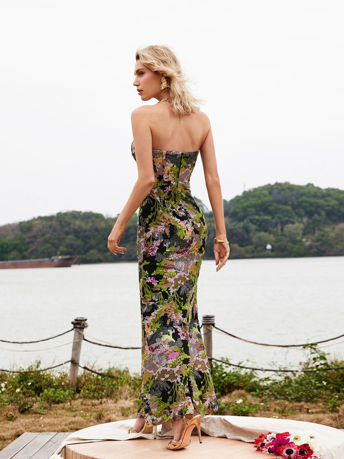 Asa Strapless Floral Sequin Maxi Dress in green, perfect for elegant evenings and special occasions.