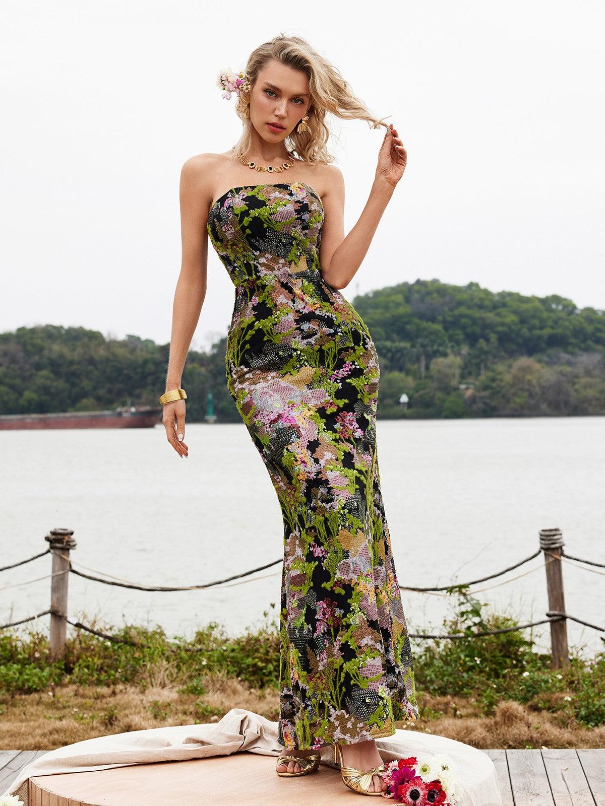 Asa Strapless Floral Sequin Maxi Dress in green, perfect for elegant evenings and special occasions.