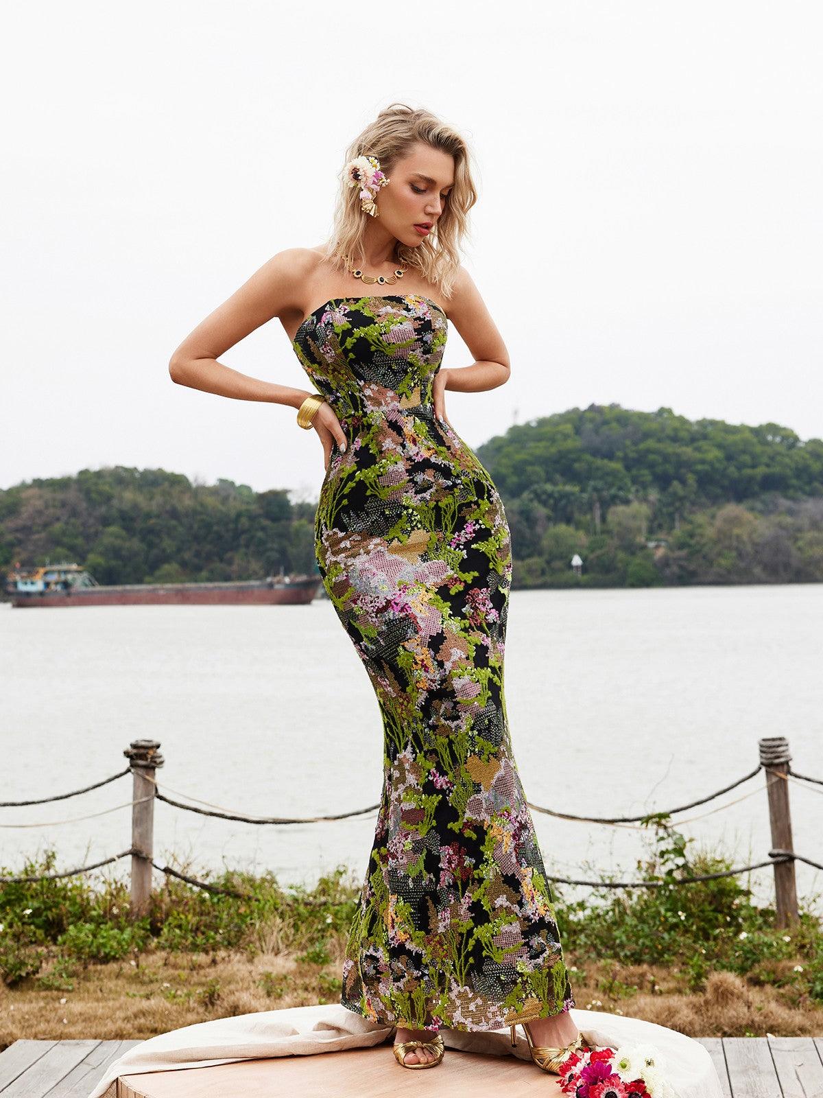 Asa Strapless Floral Sequin Maxi Dress in green, perfect for elegant evenings and special occasions.