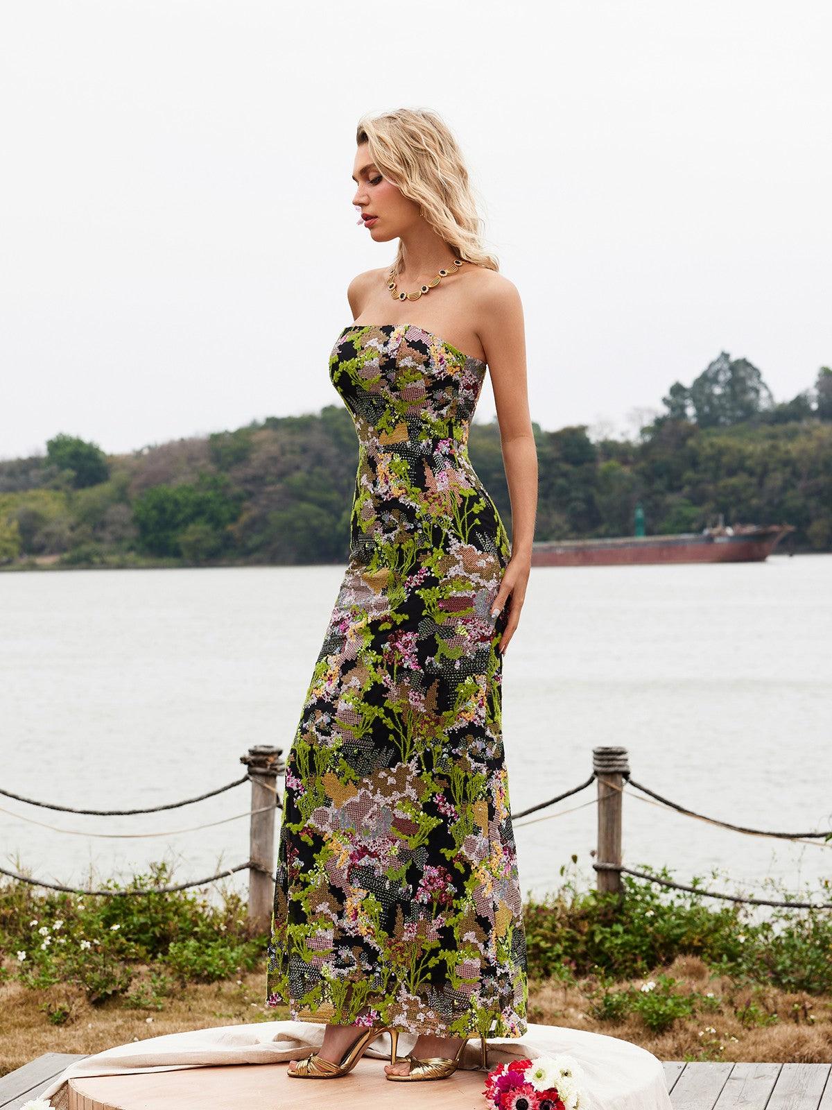 Asa Strapless Floral Sequin Maxi Dress in green, perfect for elegant evenings and special occasions.
