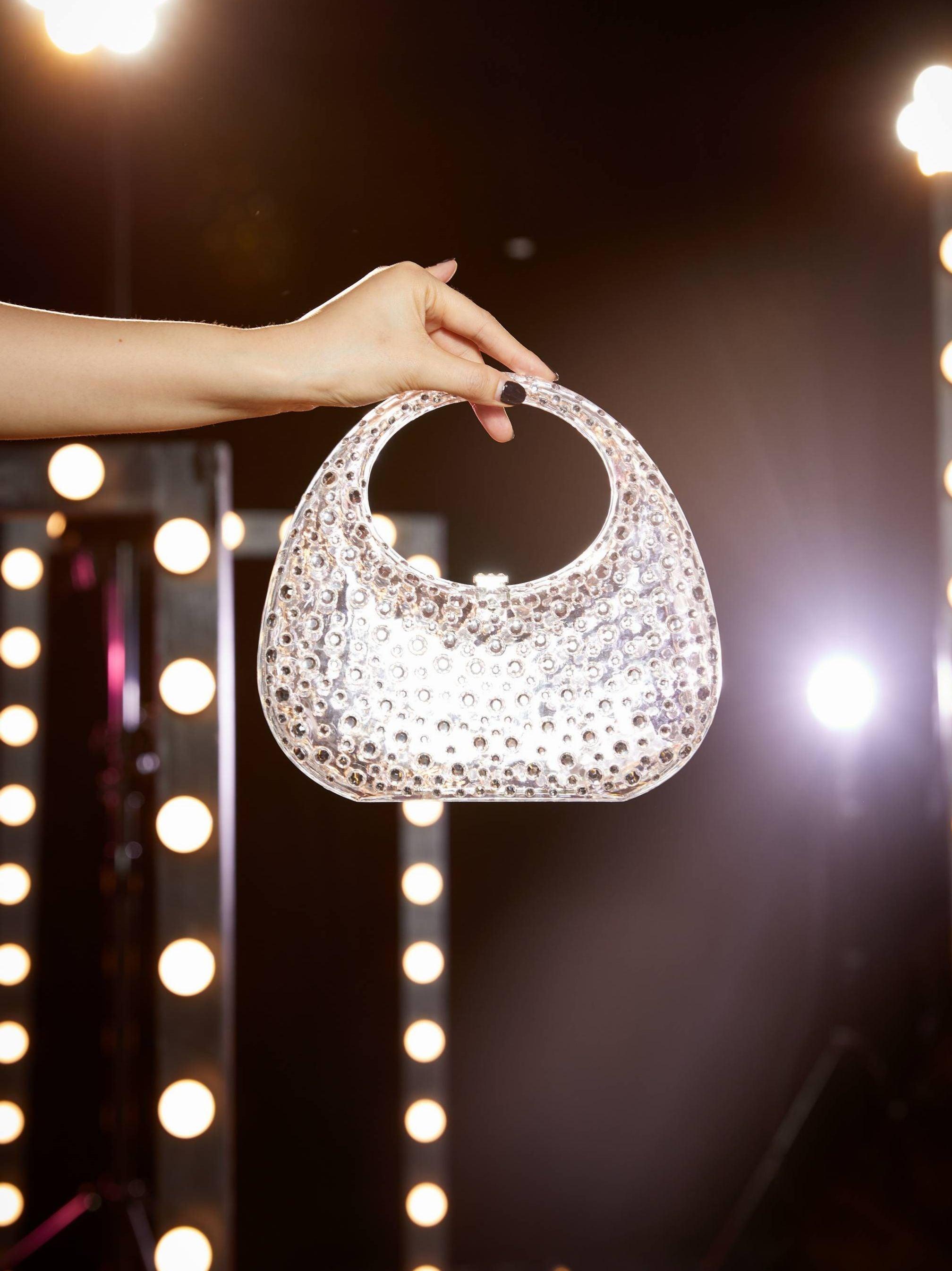 Asher Clear Embellished Bag styled with chic outfits, perfect for day or night events.