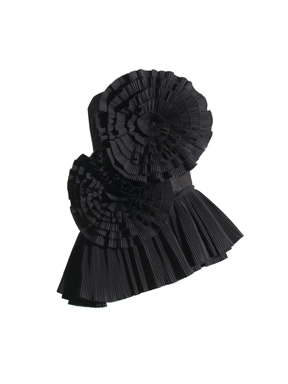 Athaliah Strapless Flower Pleated Top in Black showcasing floral pleats and a stylish design.