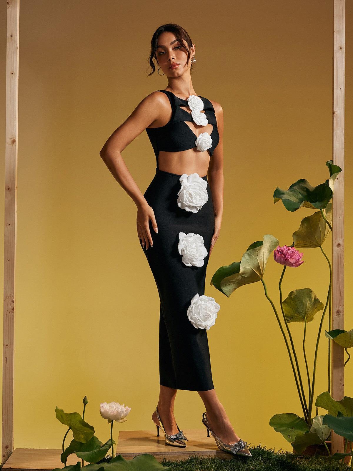 Stylish Atreyu sleeveless black bandage midi dress with flower cutouts, perfect for cocktail events.