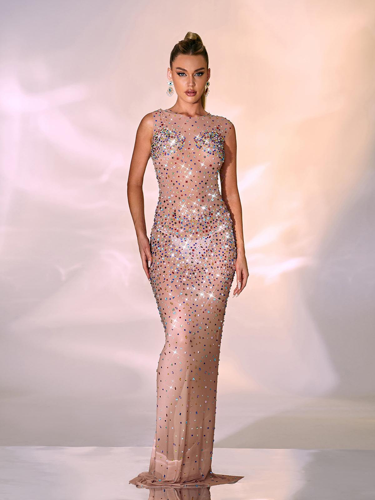 Side view of the Aubriella Crystal Embellished Maxi Dress highlighting the invisible zipper.