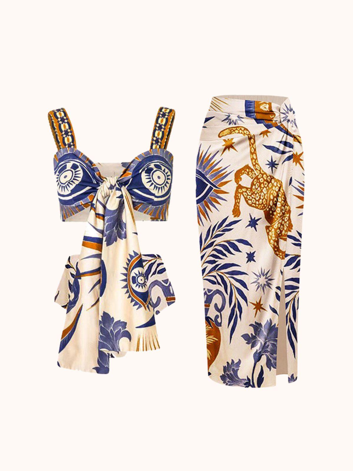 Augusta Printed Bikini Three Piece Set featuring a trendy animal print design, perfect for summer beachwear.
