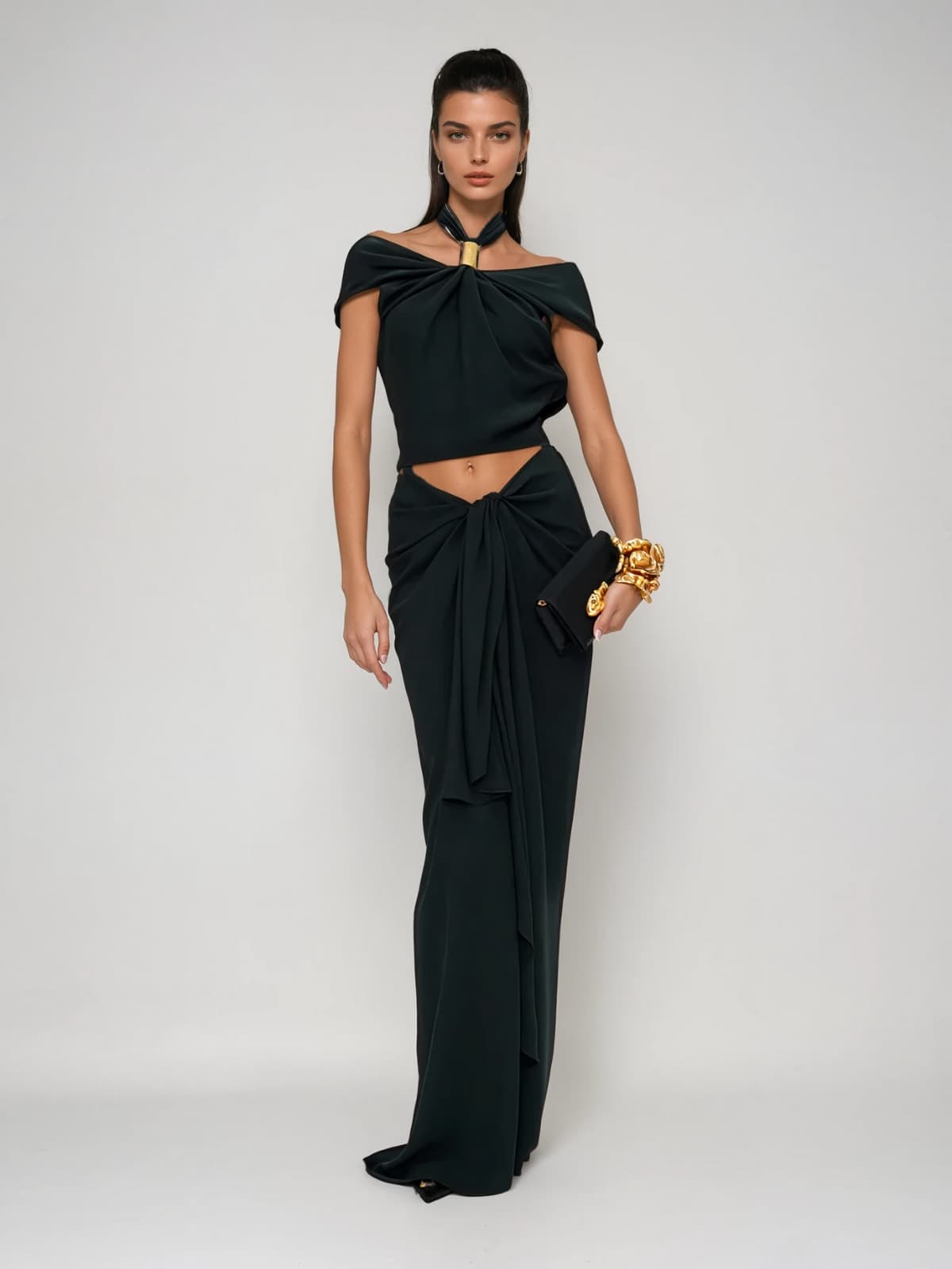 Augustine Halterneck Twisted Split Skirt Set